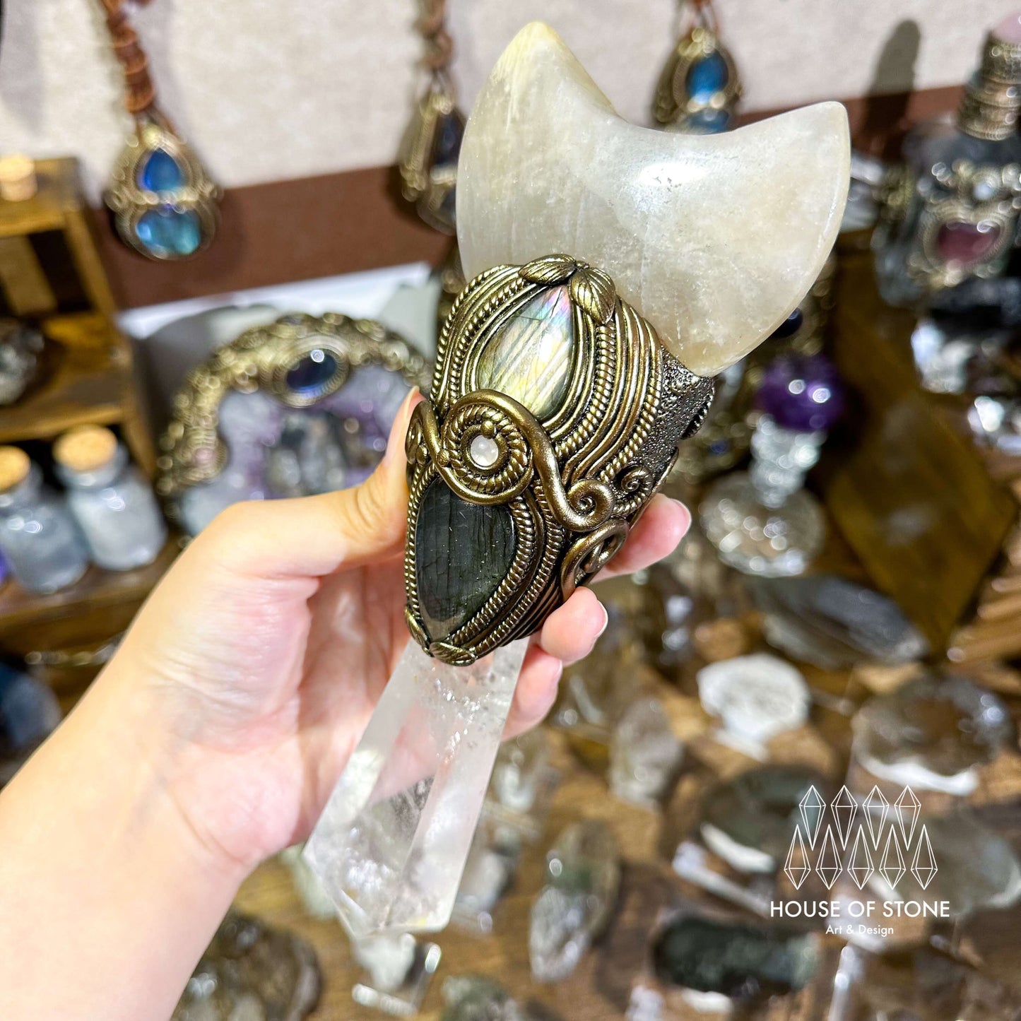 Natural Handmade Clear Quartz Crystal Wand/Magic Witch Crystal Wand/Moonstone Amethyst Labradorite Handle/Chakra/Manifest Altar Tool