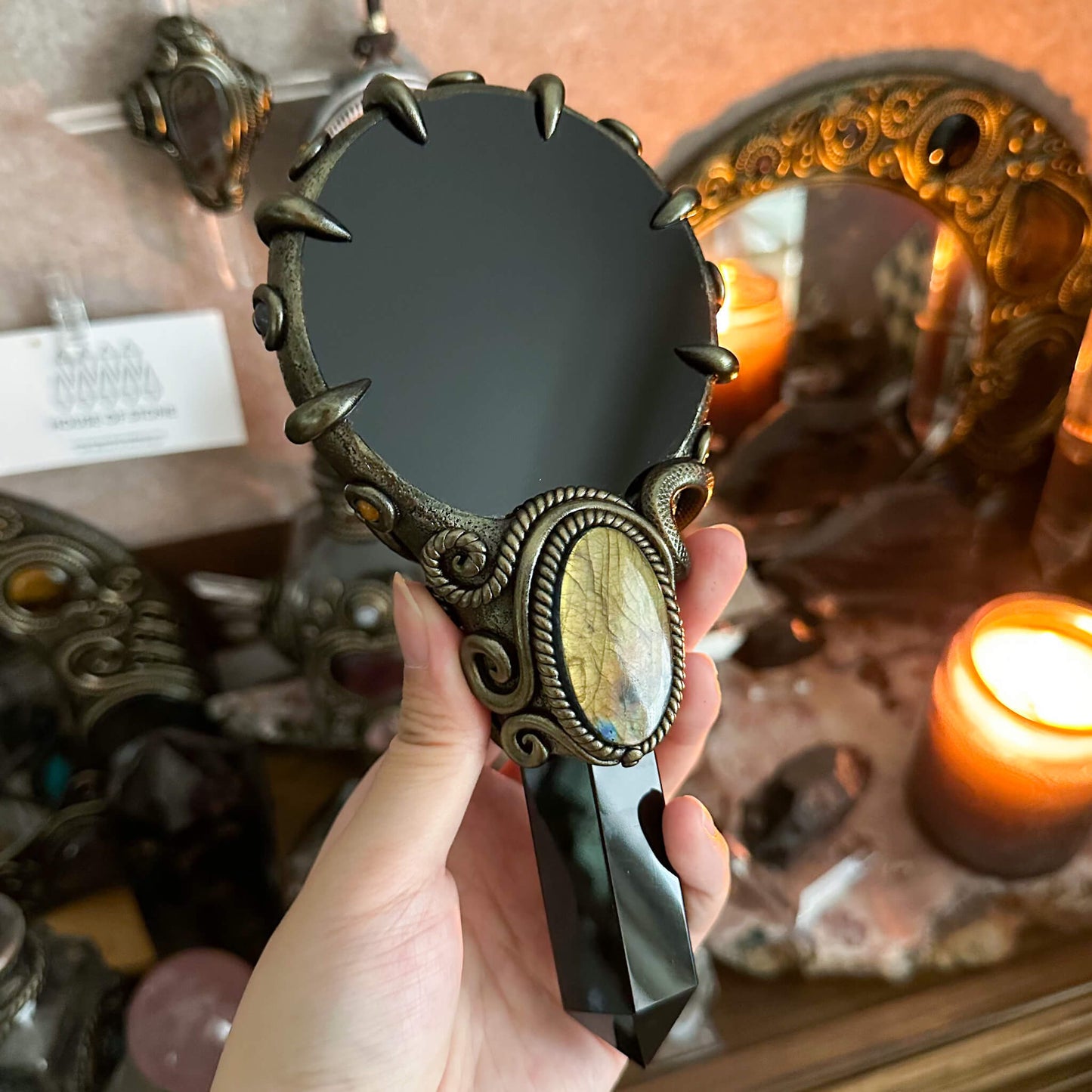 Handmade Natural Black Obsidian Mirror/Magic Obsidian Witch Wand/Crystal Quartz Wand/Scrying Mirror Wand/Root Chakra/Manifest Altar Tool