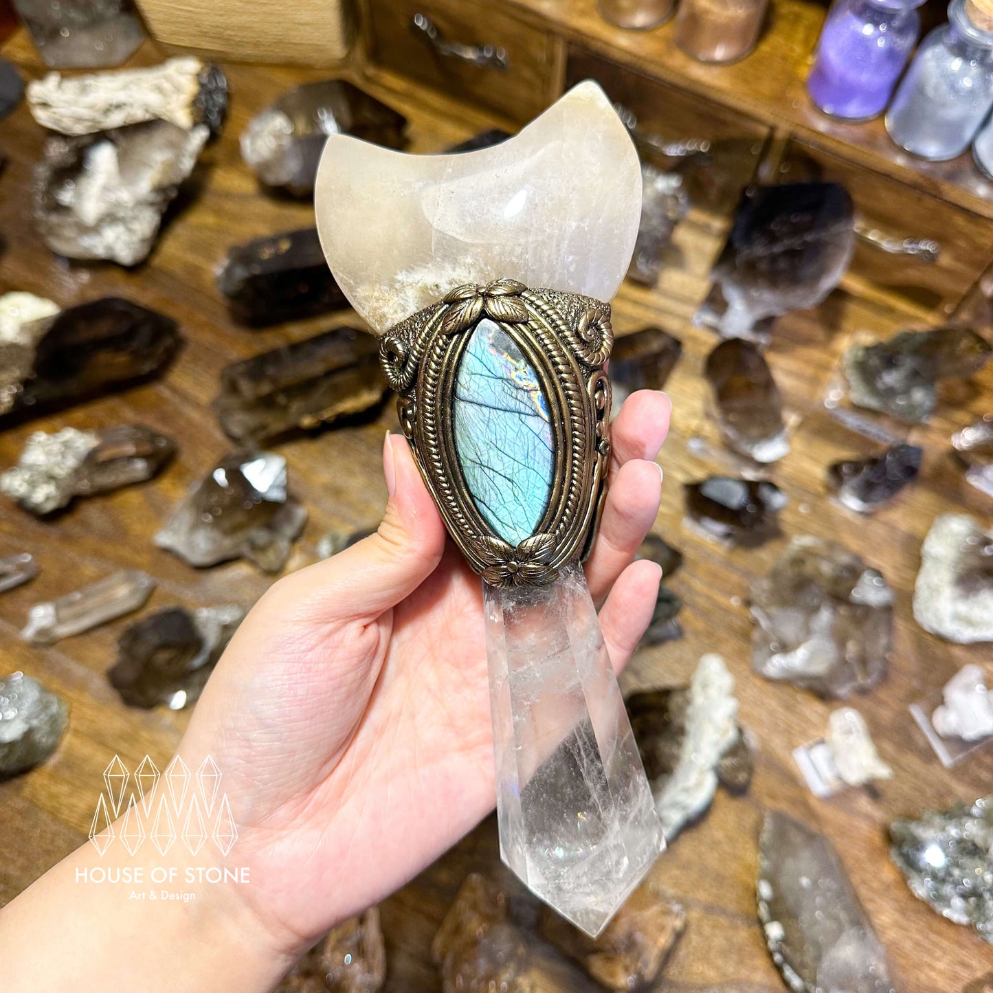 Natural Handmade Clear Quartz Crystal Wand/Magic Witch Crystal Wand/Moonstone Amethyst Labradorite Handle/Chakra/Manifest Altar Tool