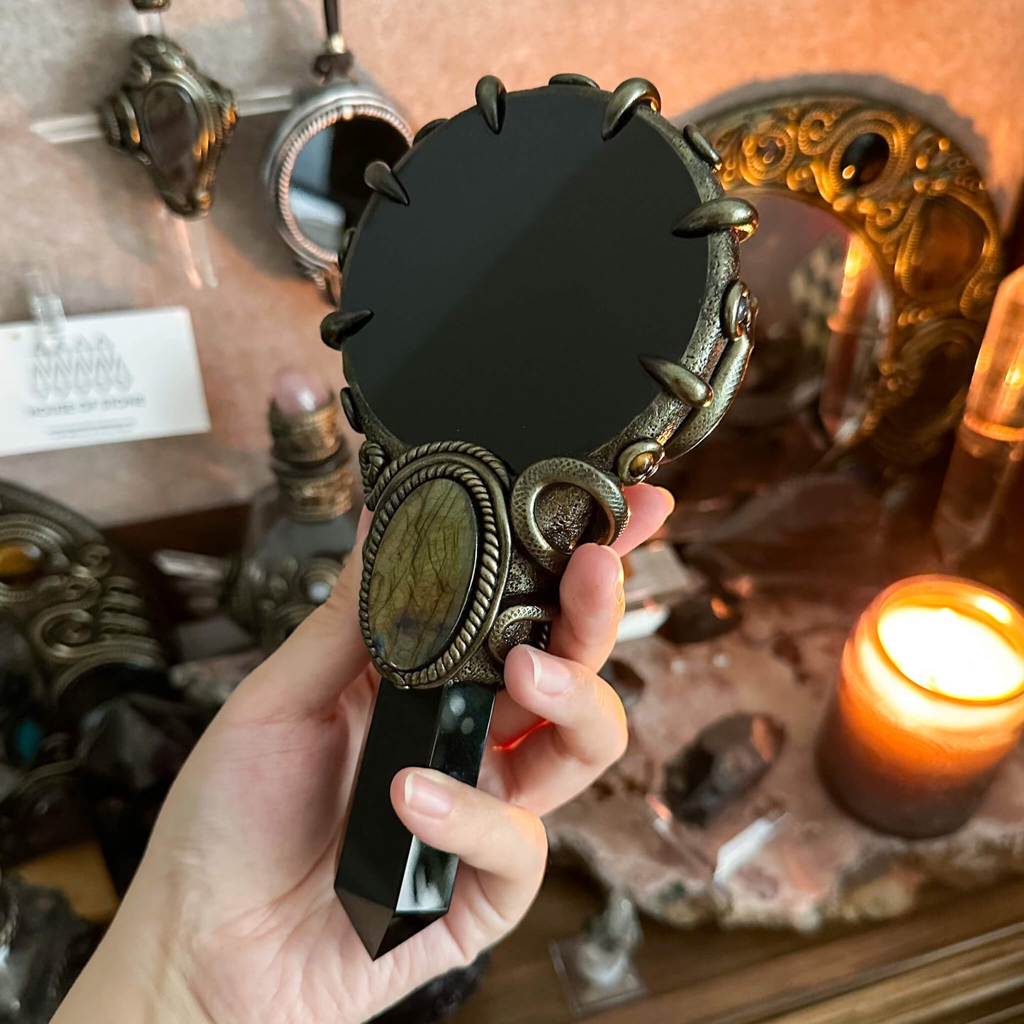 Handmade Natural Black Obsidian Mirror/Magic Obsidian Witch Wand/Crystal Quartz Wand/Scrying Mirror Wand/Root Chakra/Manifest Altar Tool