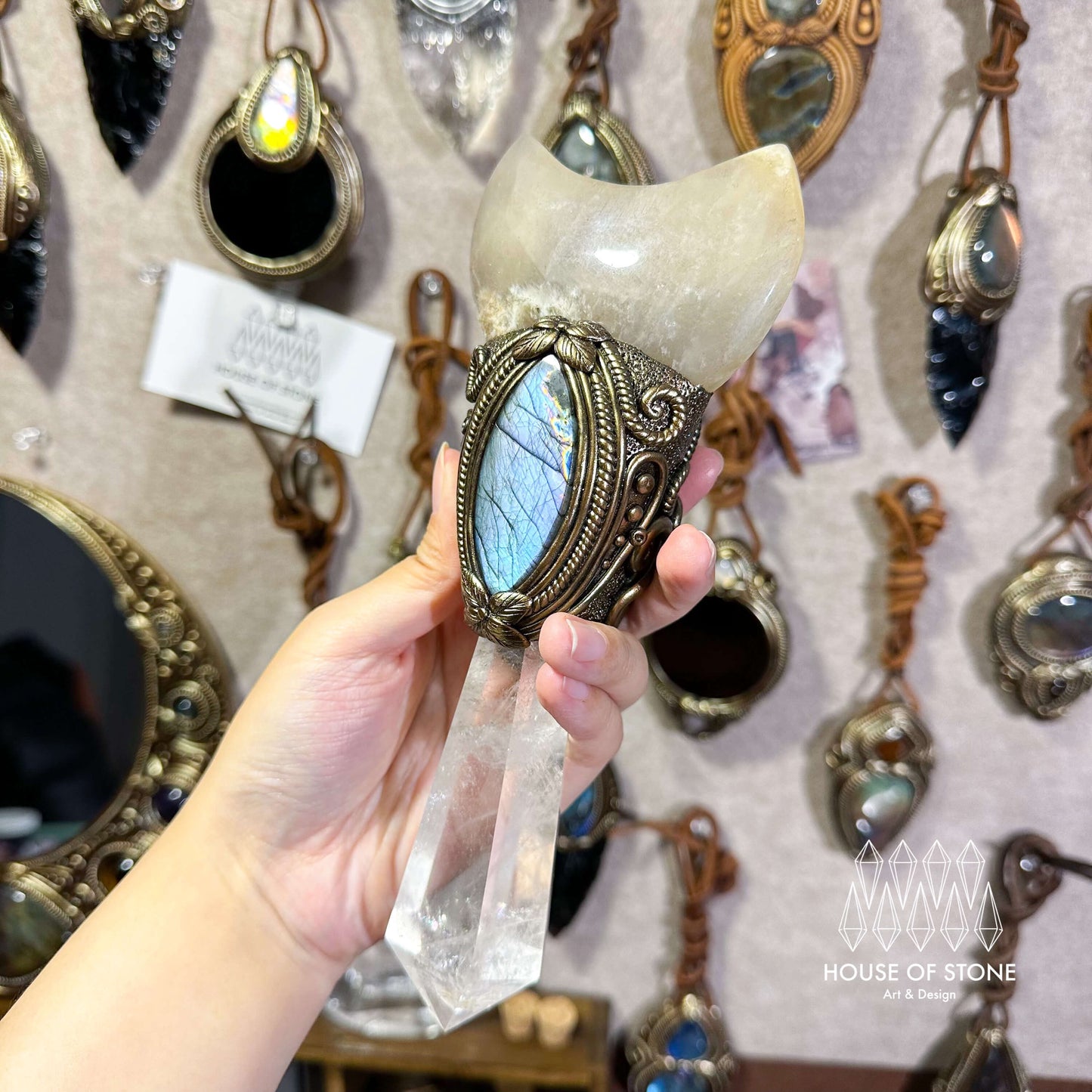 Natural Handmade Clear Quartz Crystal Wand/Magic Witch Crystal Wand/Moonstone Amethyst Labradorite Handle/Chakra/Manifest Altar Tool