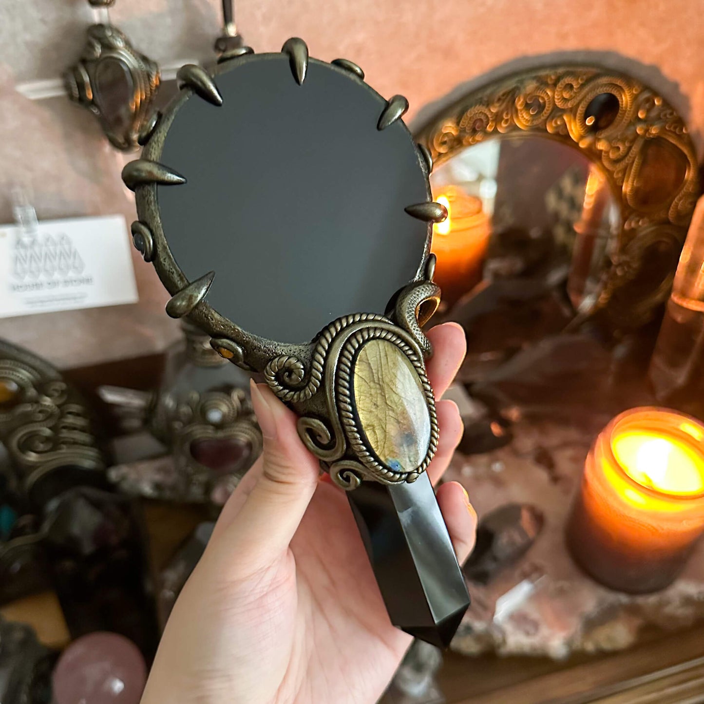 Handmade Natural Black Obsidian Mirror/Magic Obsidian Witch Wand/Crystal Quartz Wand/Scrying Mirror Wand/Root Chakra/Manifest Altar Tool