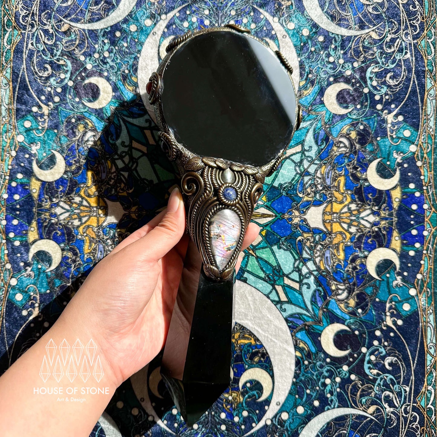 Handmade Natural Black Obsidian Mirror/Magic Obsidian Witch Wand/Crystal Quartz Wand/Scrying Mirror Wand/Root Chakra/Manifest Altar Tool