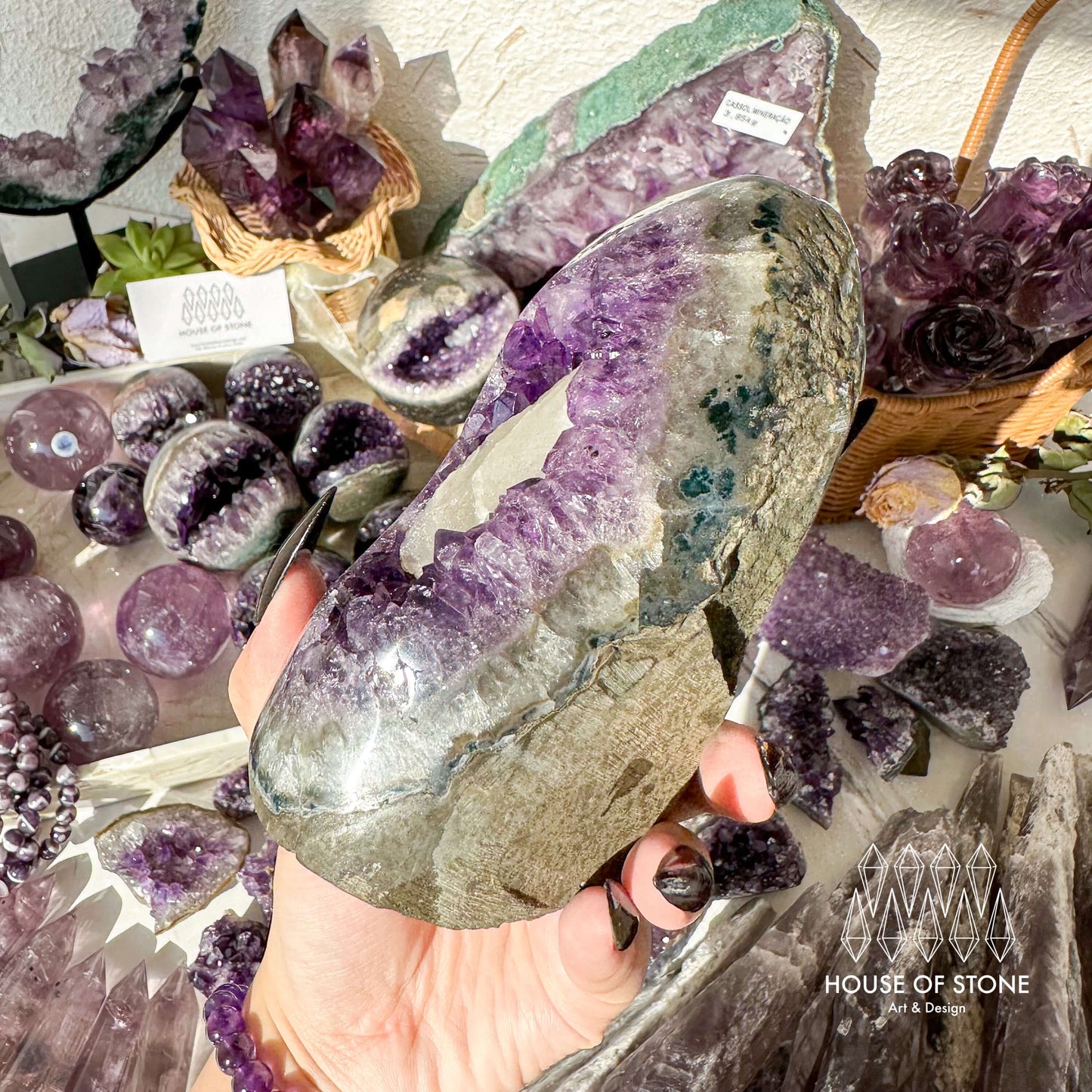 Natural Large Amethyst Geode with Calcite/Amethyst Crystal Cluster/Uruguay Amethyst Standing Cluster/Crown Chakra/AAA