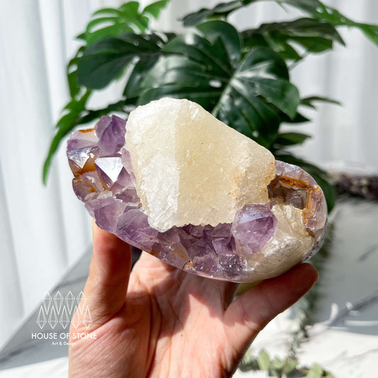 Natural Large Amethyst Geode with Calcite/Amethyst Crystal Cluster/Uruguay Amethyst Standing Cluster/Crown Chakra/AAA5
