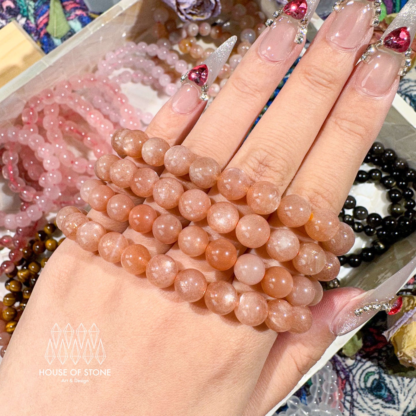 Natural Peach Moonstone Bracelet/Gold Peach Moonstone Jewelry/Sunstone Beads Bracelet