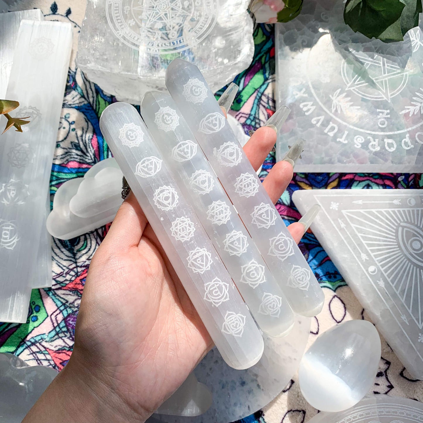 Seven Chakra Selenite Crystal Wand/Etched Selenite Crystal Wand/Selenite Message Wand