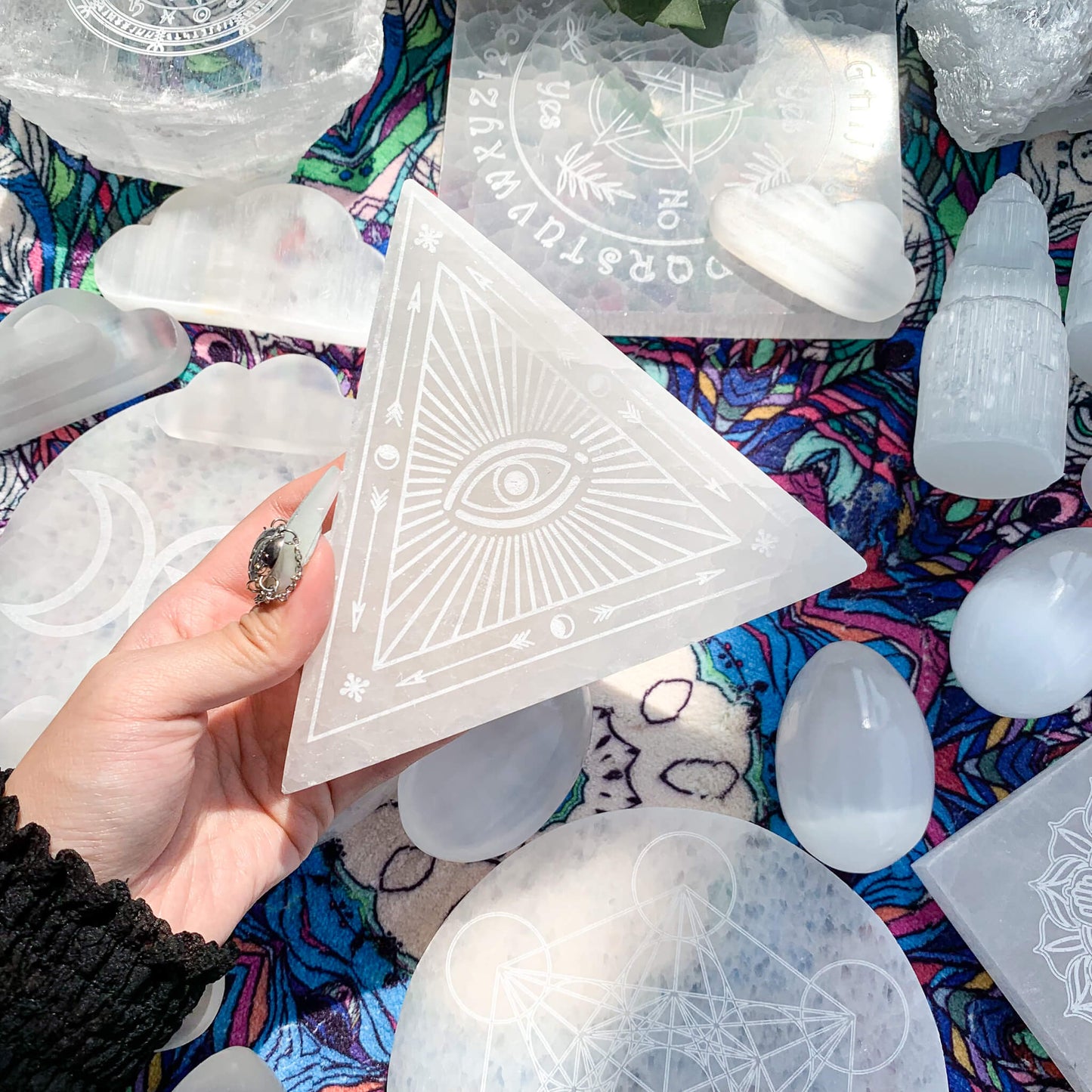Triangle Selenite Crystal Charging Plate/Cleanse Crystals Plate/Selenite Etched Plate