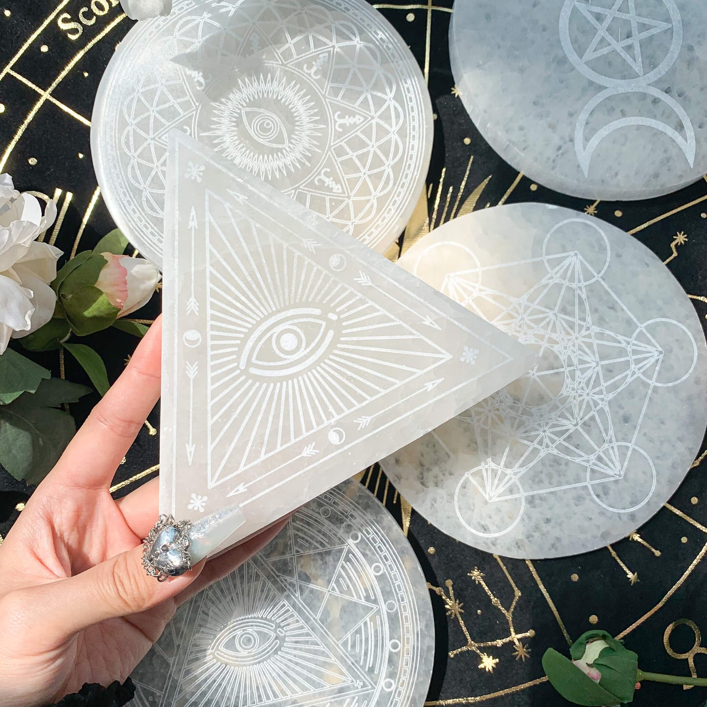 Triangle Selenite Crystal Charging Plate/Cleanse Crystals Plate/Selenite Etched Plate