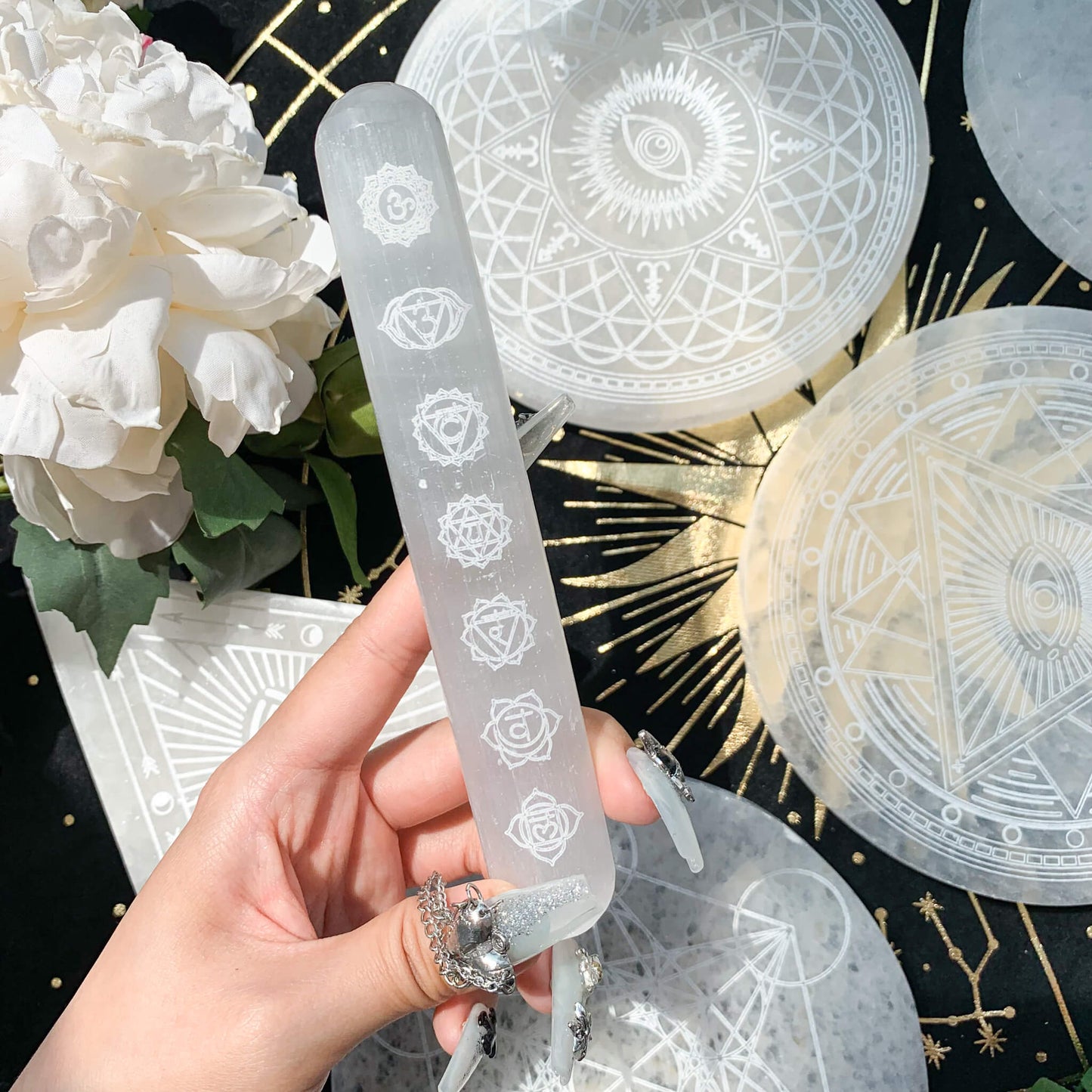 Seven Chakra Selenite Crystal Wand/Etched Selenite Crystal Wand/Selenite Message Wand