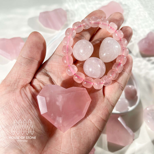Rose Quartz Heart Set/Crystal Faceted Heart Pack/Rose Qaurtz Bracelet/Valentine’s Day Gift/Heart Chakra