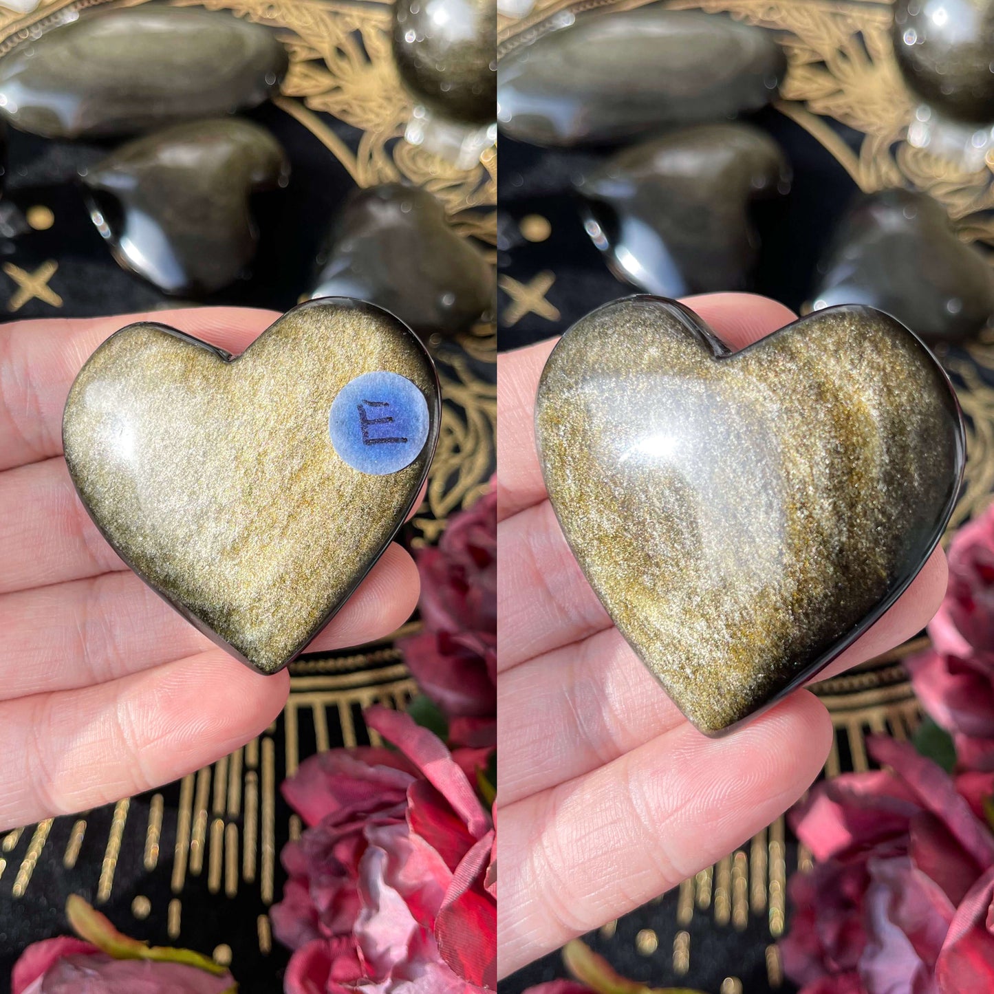 Natural Rare Gold Sheen Obsidian Palm Stone/Gold Obsidian Heart Carvings/Hand carved Obsidian Chakra Healing Stone